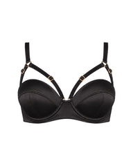 Silk Longline Bra in Black, caged straps, front view