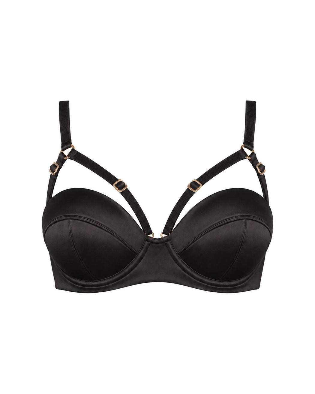 Silk Longline Bra in Black, caged straps, front view
