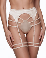 Silk Garter Belt in Pink Champagne, worn with leg garters, front view