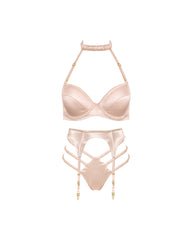 Pink Champagne silk lingerie set with garter belt, front view
