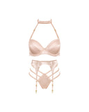 Pink Champagne silk lingerie set with garter belt, front view