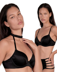 Silk Push-Up Bra in Black, two ways to wear, shown with standard straps and halter straps