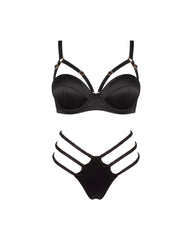 Black Silk Longline Bra and Strappy Thong, front view
